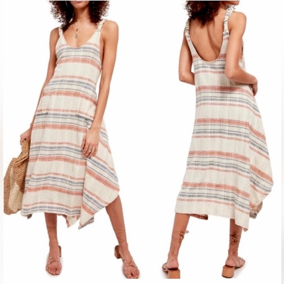 Free People Dresses & Skirts - Free People Harper Off White Pink Blue Striped Cotton Midi Dress Size S